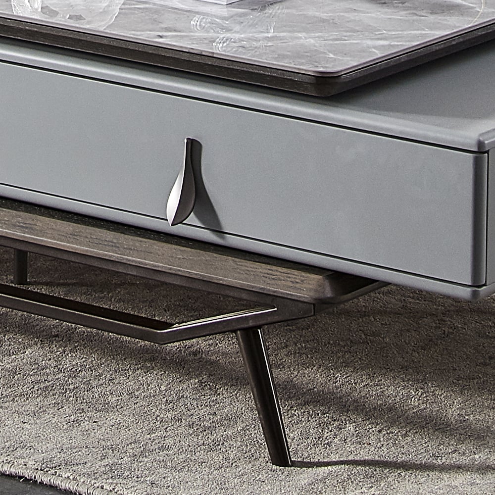 Mesa de café com tampo de pedra sinterizada polida cinza da Grécia com gaveta giratória Imagem da janela