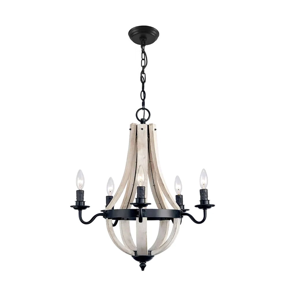 Rustic Reclaimed Wood & Black 5-Light Metal Chandelier with Candle Light window image