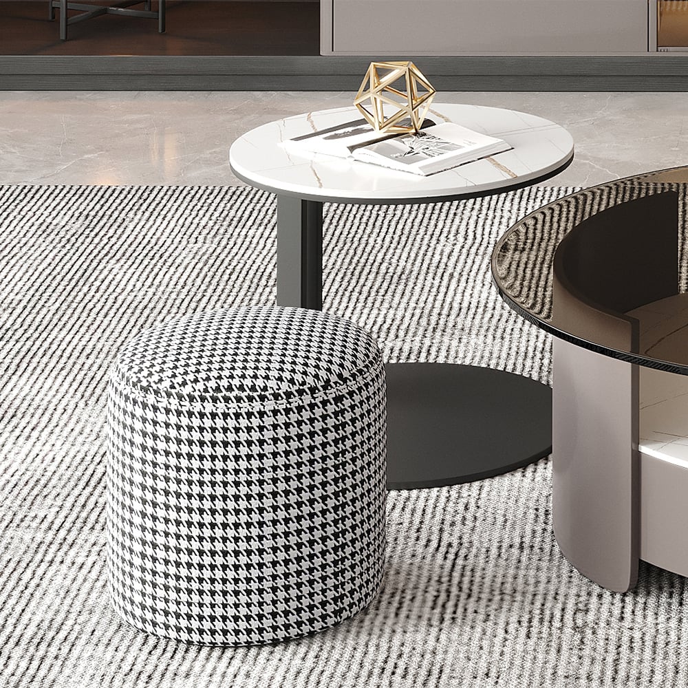 Mesa auxiliar contemporánea de piedra sinterizada con otomana, juego de 2 con marco dorado Imagen de ventana