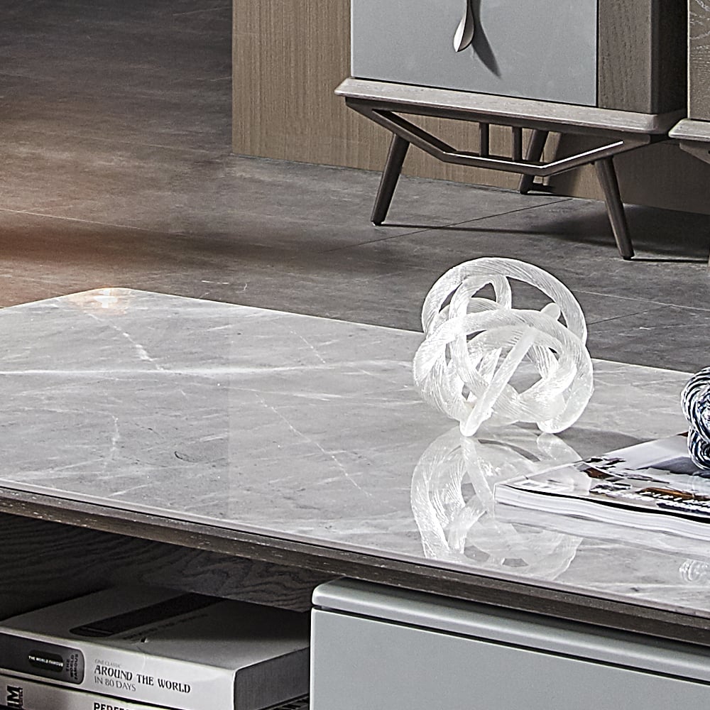 Mesa de café com tampo de pedra sinterizada polida cinza da Grécia com gaveta giratória Imagem da janela