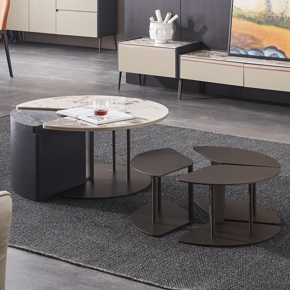 Table basse 3 pièces Pandora & Black avec plateau en pierre frittée avec 1 rangement image de fenêtre