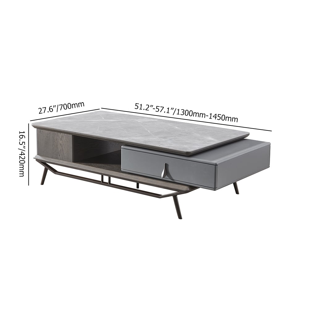 Mesa de café com tampo de pedra sinterizada polida cinza da Grécia com gaveta giratória Imagem da janela
