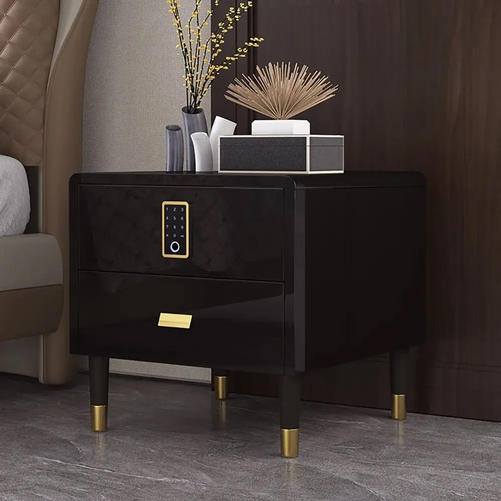 Black Nightstand Luxury Intelligent Lock 2-Drawer Lacquered Bedside Table window image