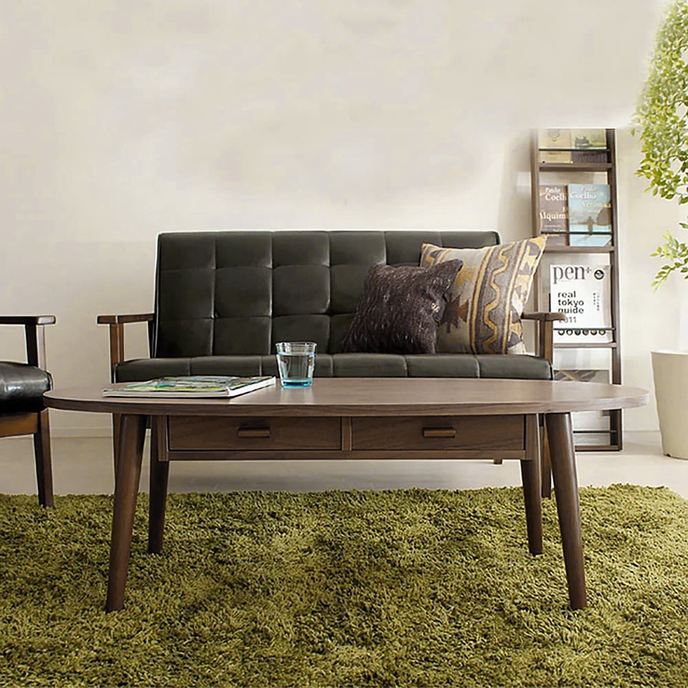 Table basse ovale en noyer avec tiroirs en bois massif et métal image de fenêtre