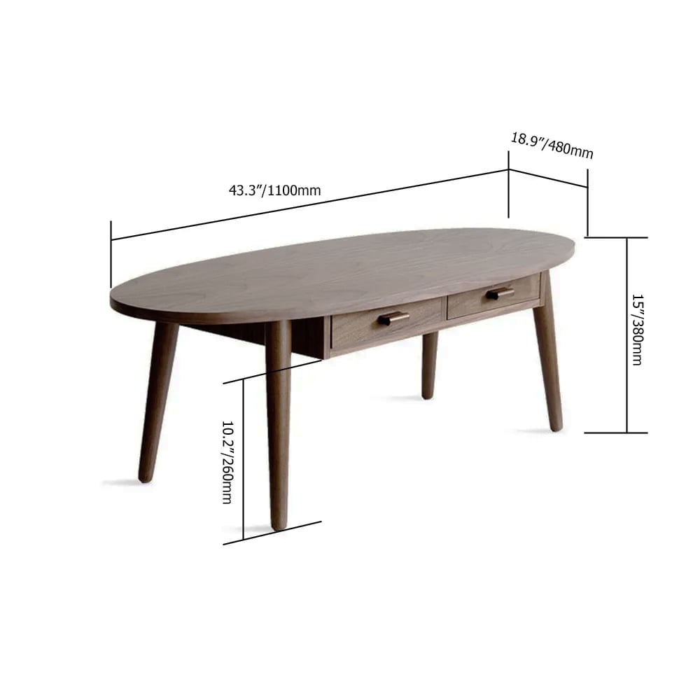 Table basse ovale en noyer avec tiroirs en bois massif et métal image de fenêtre