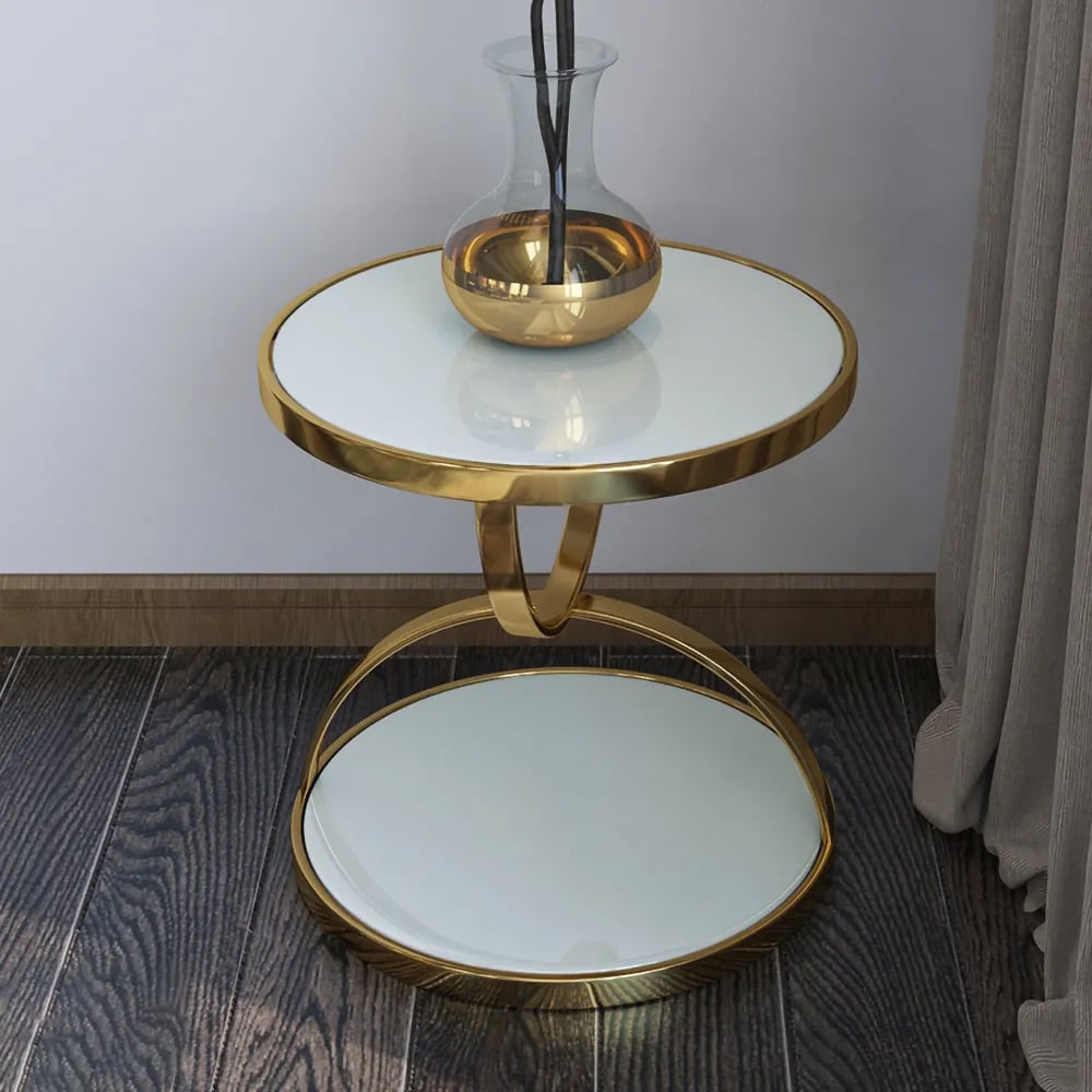 White Round Side Table Tempered Glass with Storage End Table in Gold window image