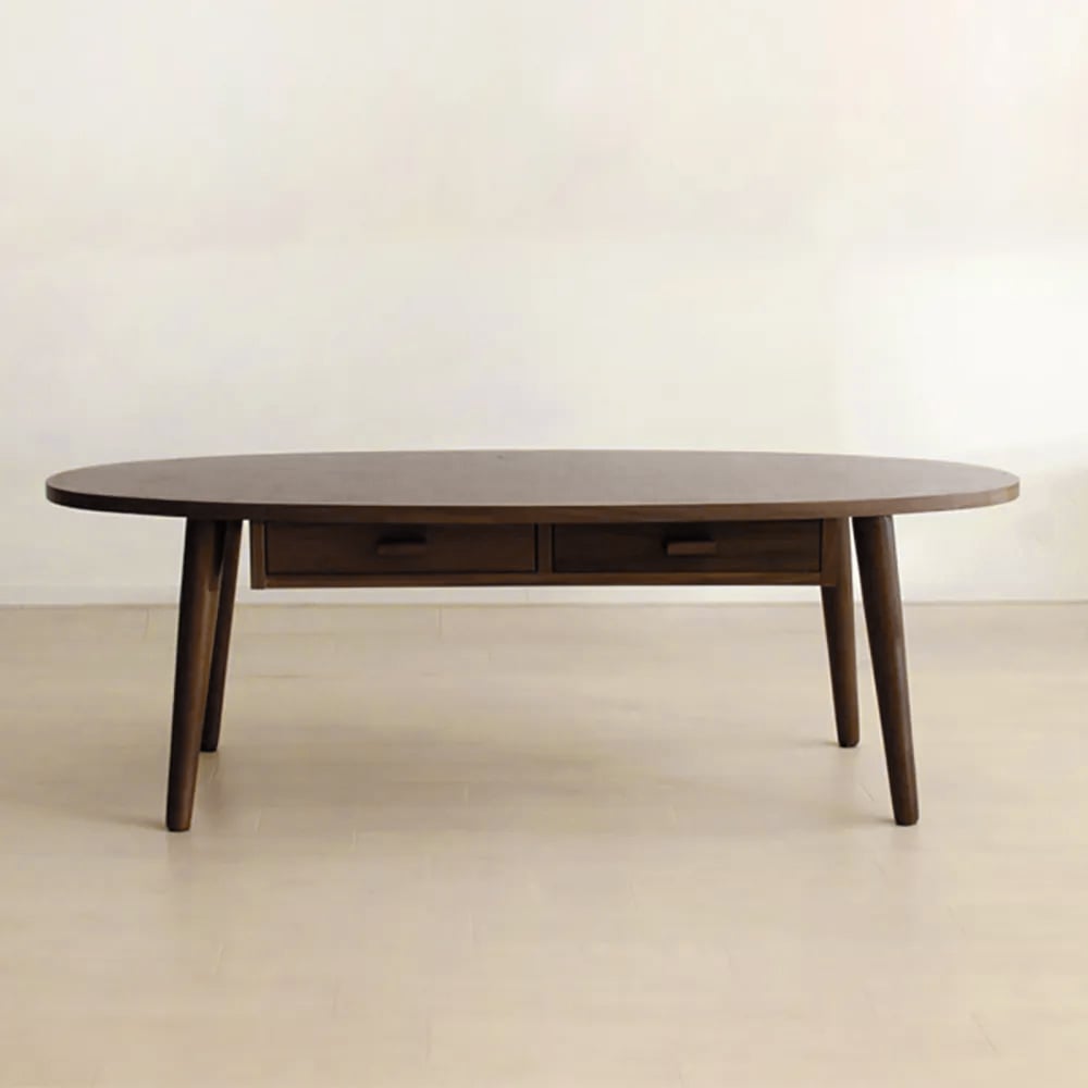 Table basse ovale en noyer avec tiroirs en bois massif et métal image de fenêtre