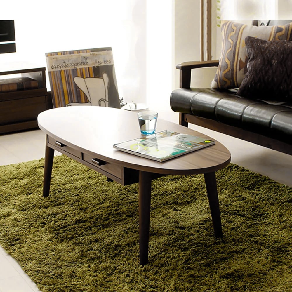 Table basse ovale en noyer avec tiroirs en bois massif et métal image de fenêtre