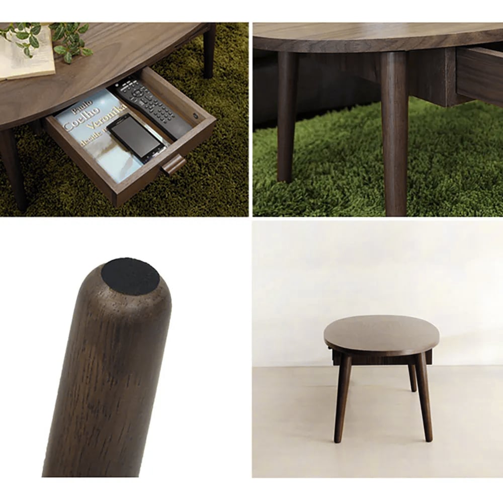Table basse ovale en noyer avec tiroirs en bois massif et métal image de fenêtre