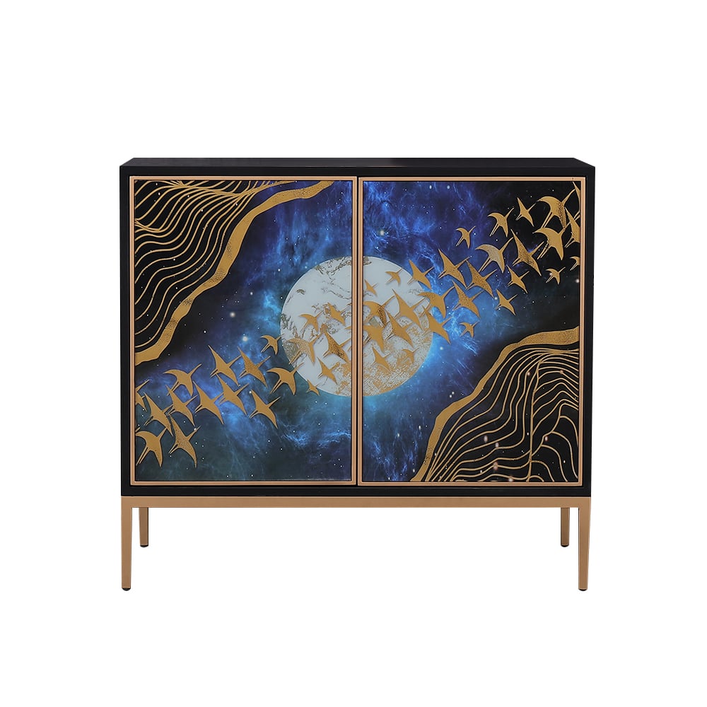 Modern zwart dressoir buffet 2 gebrandschilderde glazen deuren accentkast gouden afwerking Vensterafbeelding