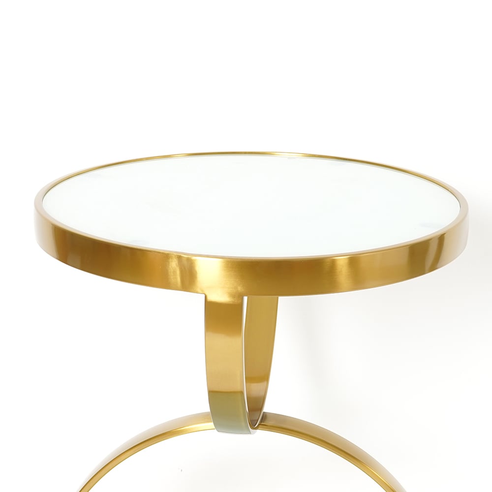 White Round Side Table Tempered Glass with Storage End Table in Gold window image