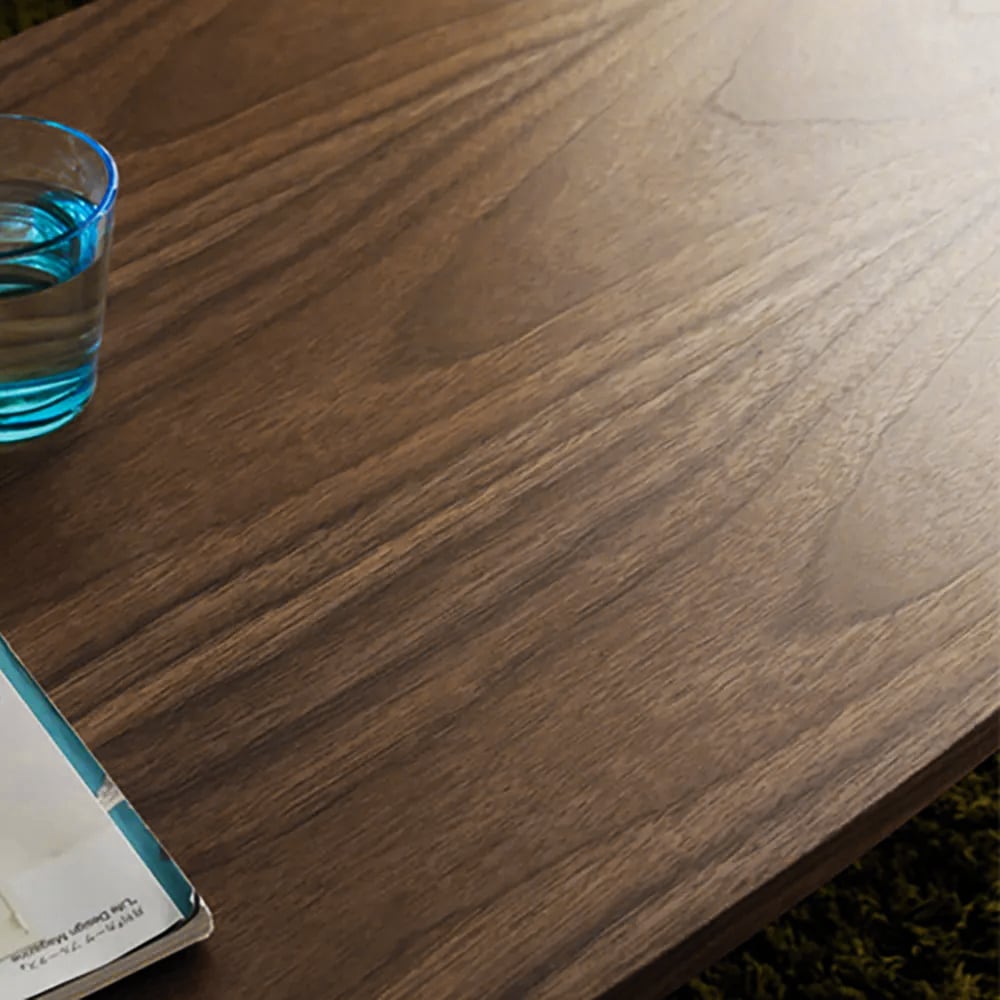 Table basse ovale en noyer avec tiroirs en bois massif et métal image de fenêtre