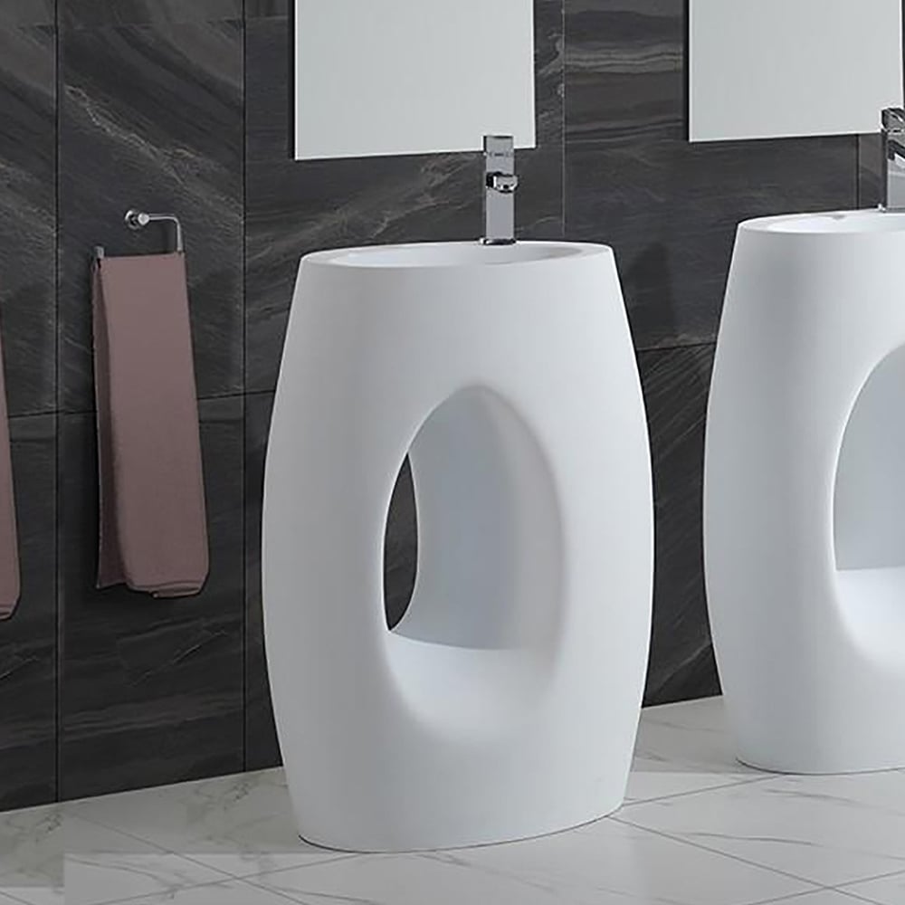 850 mm witte stenen hars voetstuk badkamerwastafel wastafel uitgehold Vensterafbeelding