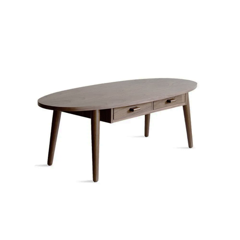 Table basse ovale en noyer avec tiroirs en bois massif et métal image de fenêtre