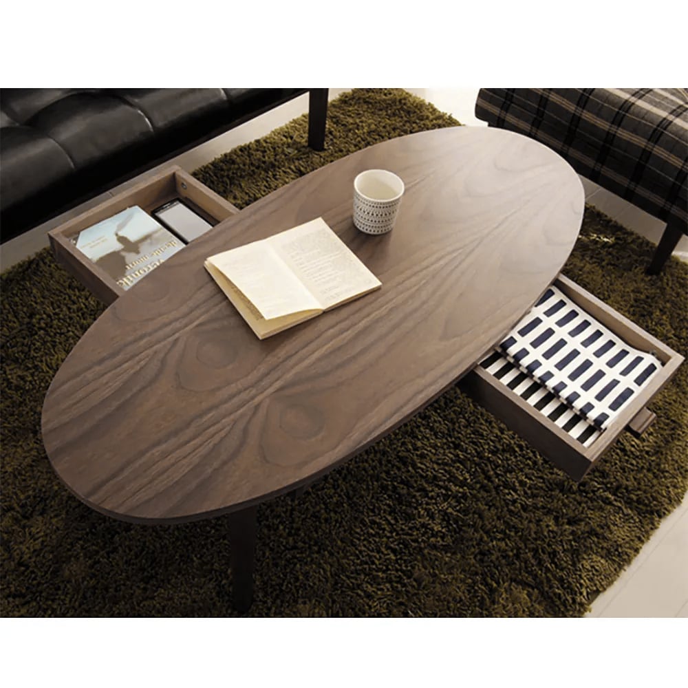 Table basse ovale en noyer avec tiroirs en bois massif et métal image de fenêtre