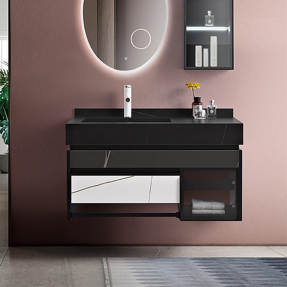 39" Black & White Floating Bathroom Vanity Integral Single Sink with Drawer & Door