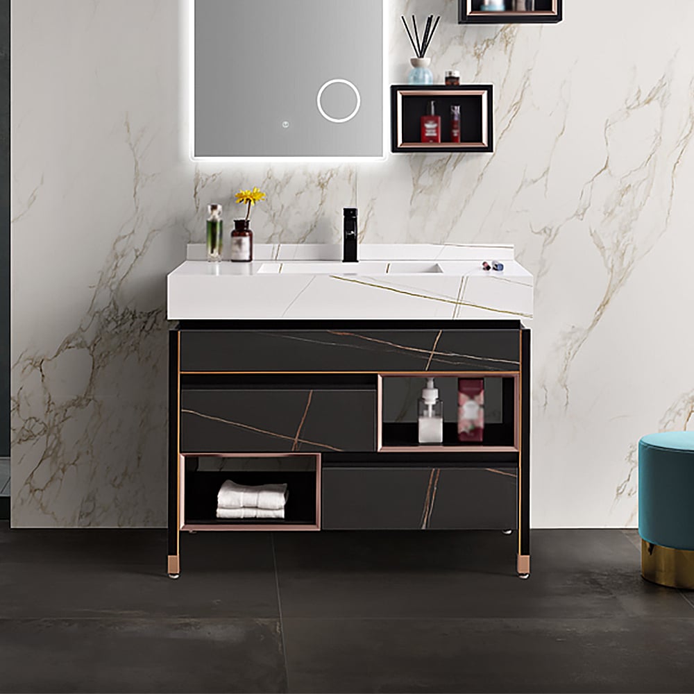 Tocador de baño independiente en blanco y negro de 39.4 «con encimera de piedra sinterizada y fregadero integral Imagen de ventana