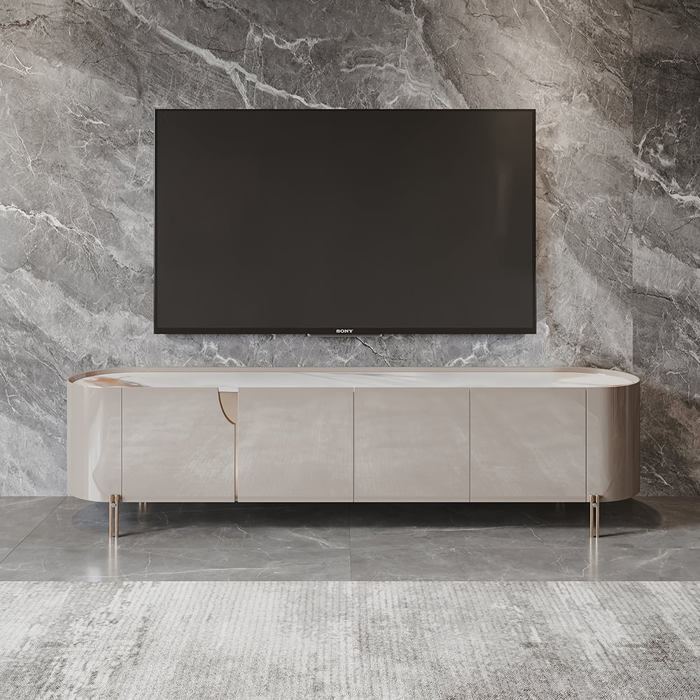 Soporte de TV contemporáneo ovalado gris claro con parte superior de piedra sinterizada con 4 puertas Imagen de ventana