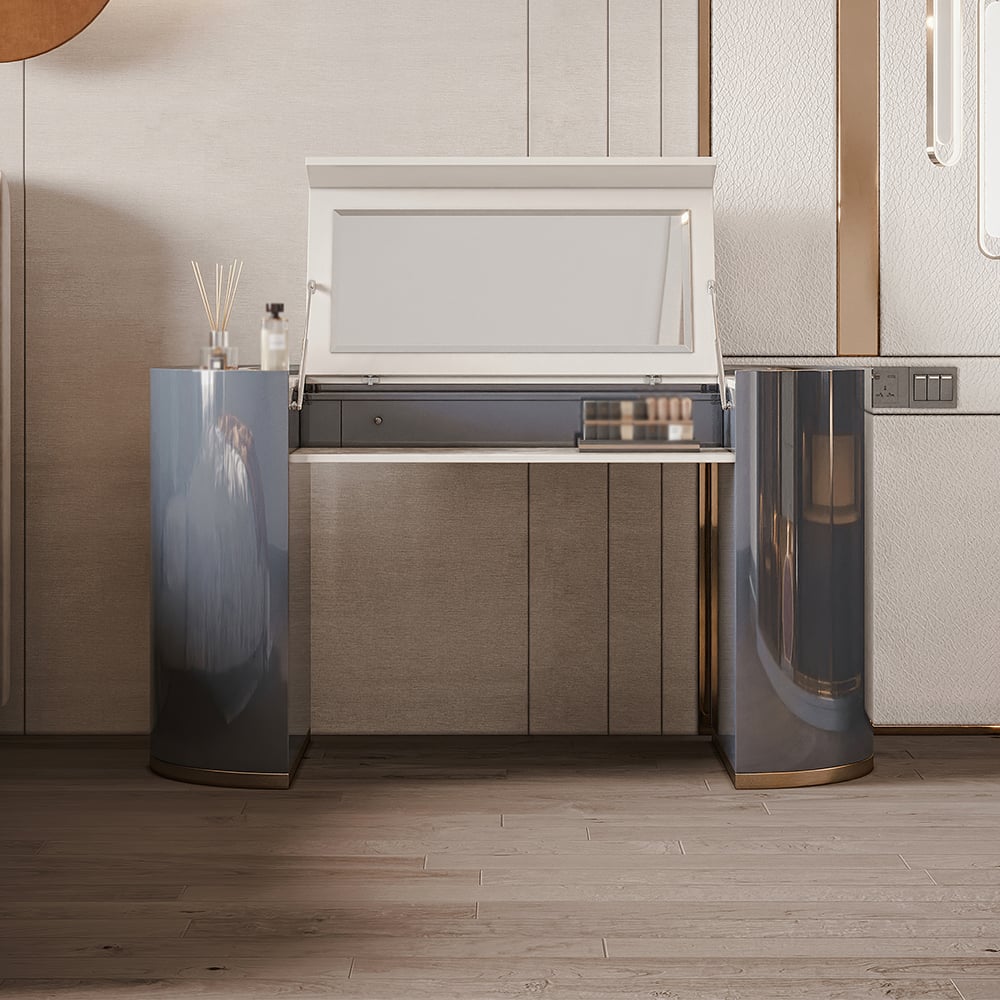 Miroir de coiffeuse à rabat moderne inclus en blanc et gris foncé image de fenêtre