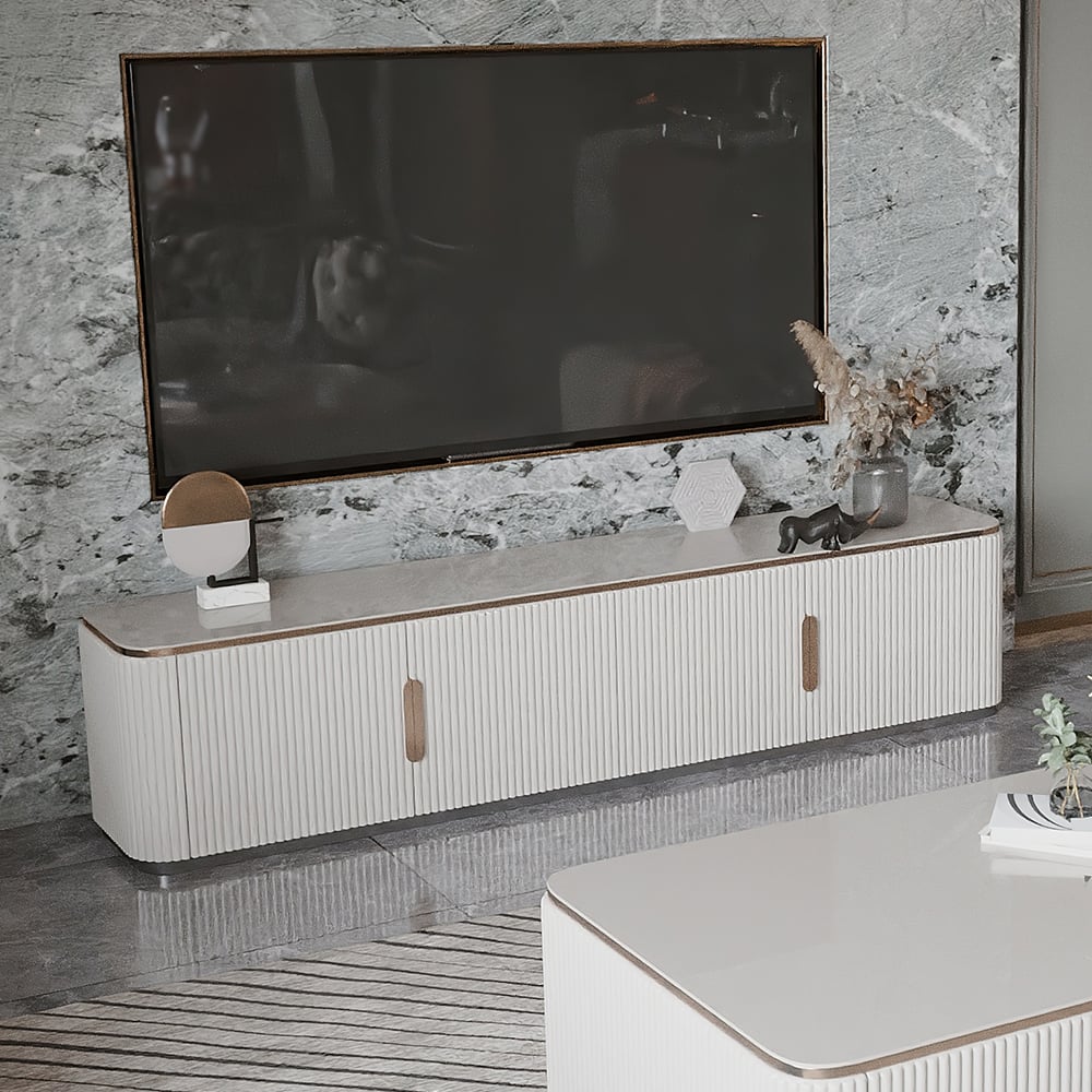 Console multimédia moderne avec dessus en pierre frittée blanche de 86,6 po avec 4 portes image de fenêtre