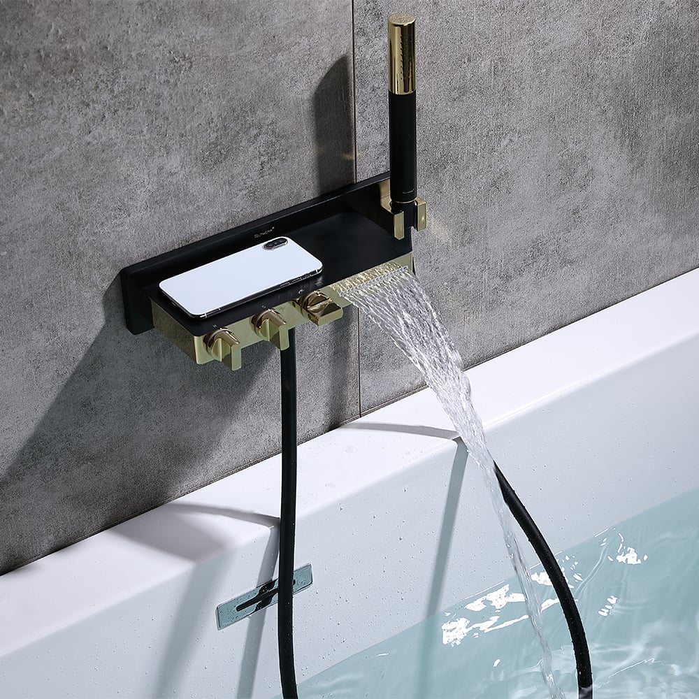 Robinet de bain mural cascade 5 trous avec douchette en laiton massif noir et or image de fenêtre