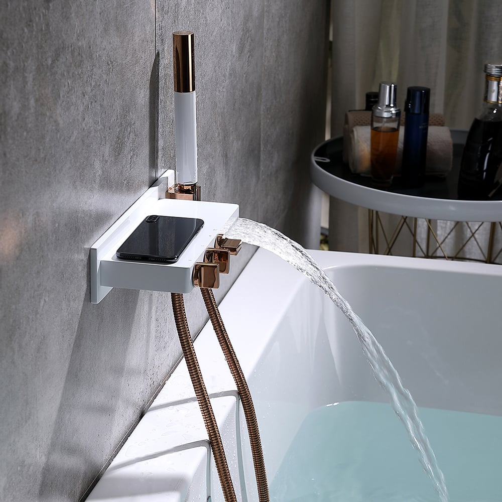 Wall Mounted Waterfall Roman Bathtub Faucet with Handshower Brass White & Rose Gold window image