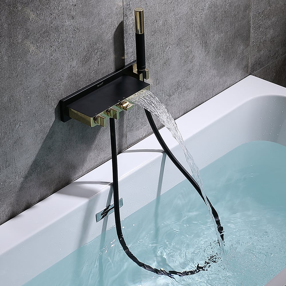Robinet de bain mural cascade 5 trous avec douchette en laiton massif noir et or image de fenêtre