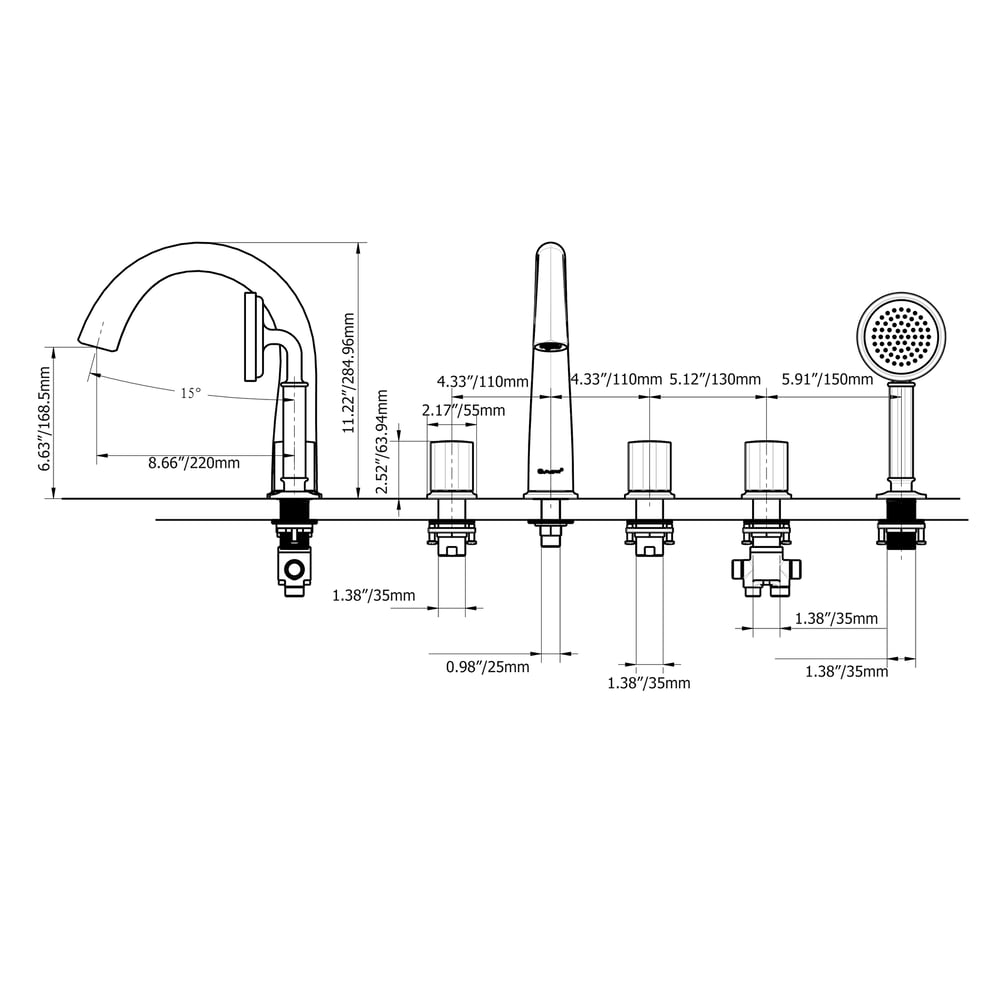 Robinet de bain 5 trous monté sur le pont avec douchette en laiton massif image de fenêtre