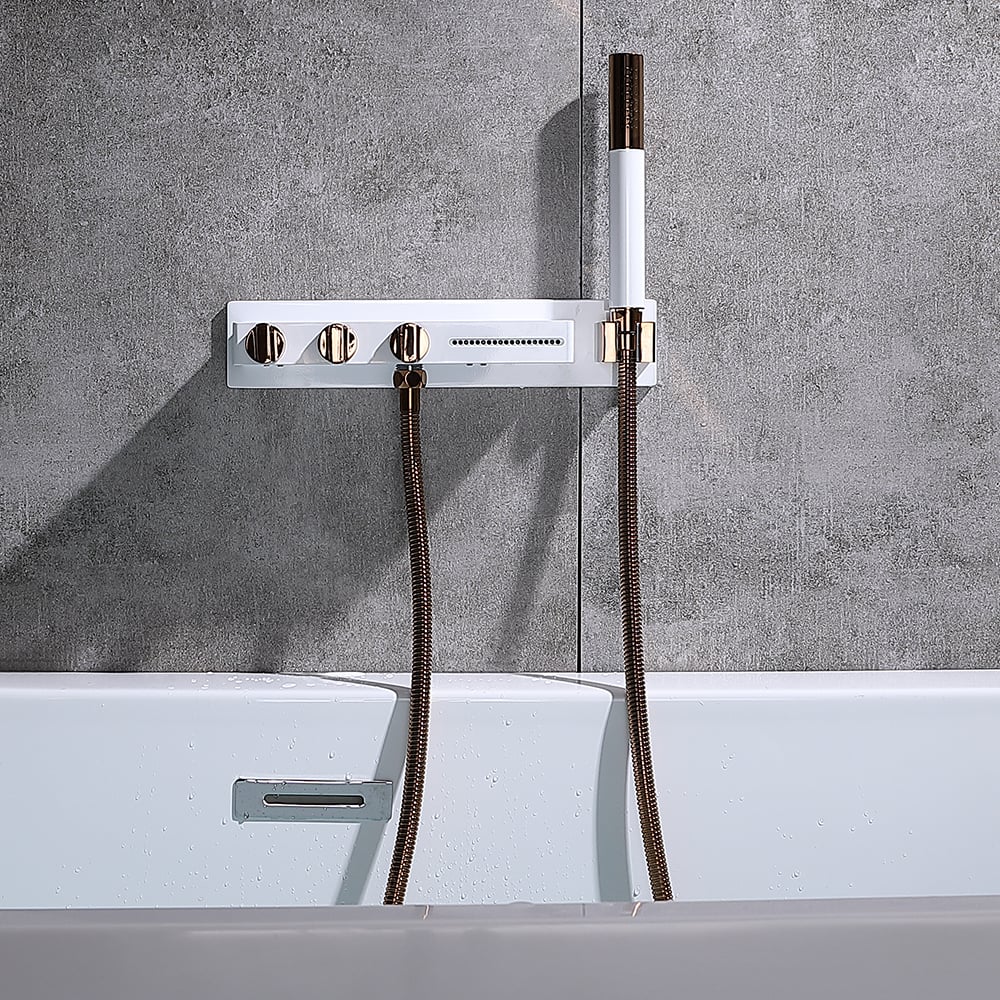 Wall Mounted Waterfall Roman Bathtub Faucet with Handshower Brass White & Rose Gold window image