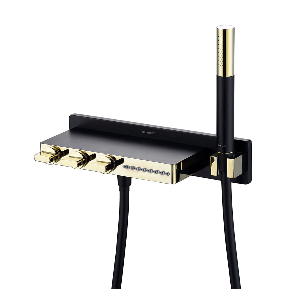 Robinet de bain mural cascade 5 trous avec douchette en laiton massif noir et or image de fenêtre