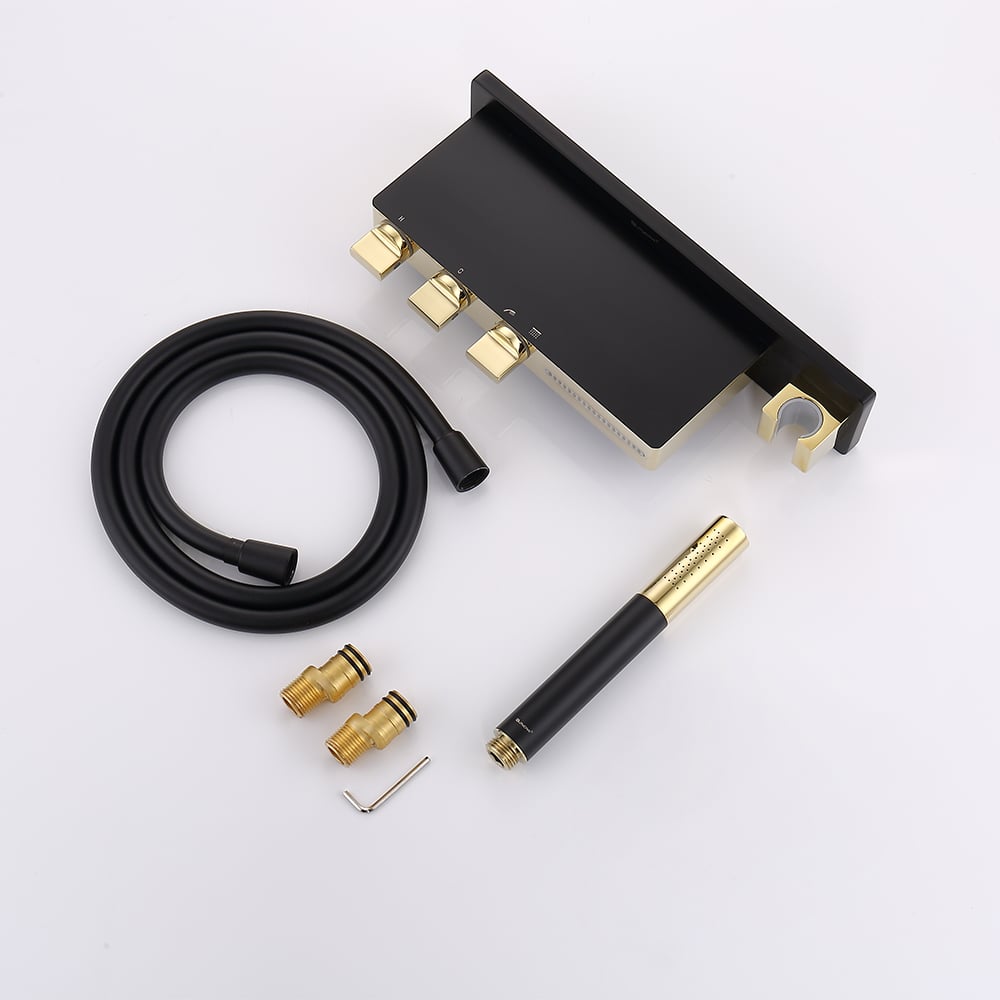 Robinet de bain mural cascade 5 trous avec douchette en laiton massif noir et or image de fenêtre