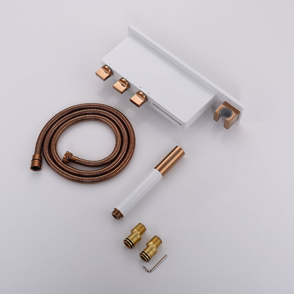 Wall Mounted Waterfall Roman Bathtub Faucet with Handshower Brass White & Rose Gold window image