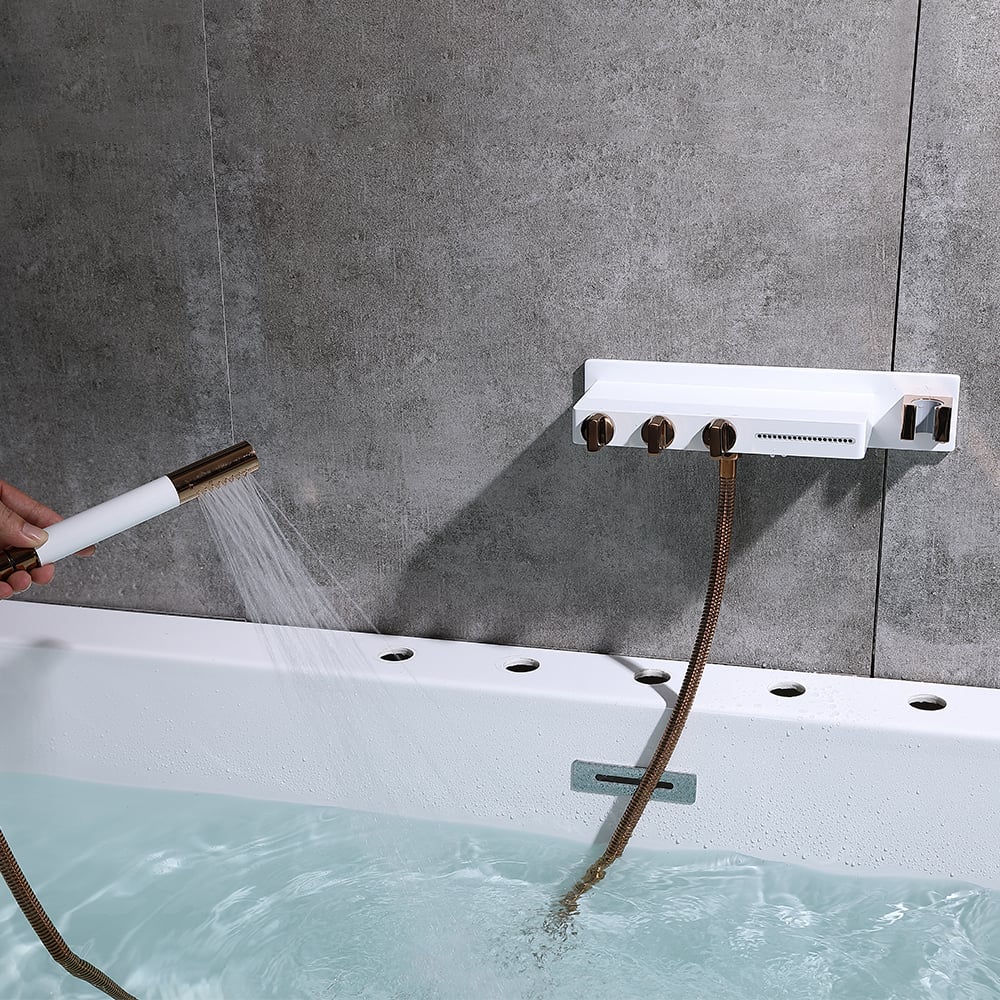 Wall Mounted Waterfall Roman Bathtub Faucet with Handshower Brass White & Rose Gold window image
