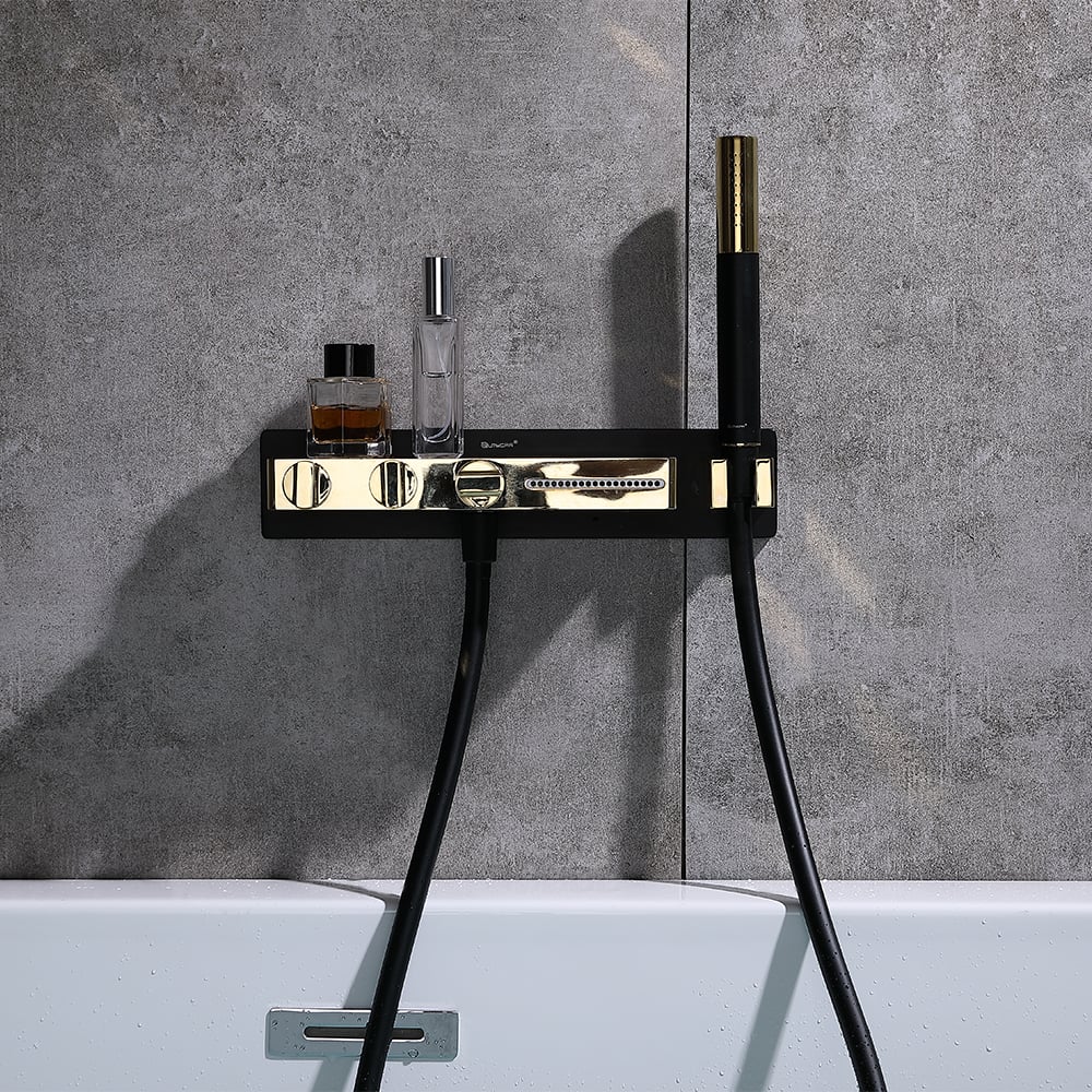 Robinet de bain mural cascade 5 trous avec douchette en laiton massif noir et or image de fenêtre