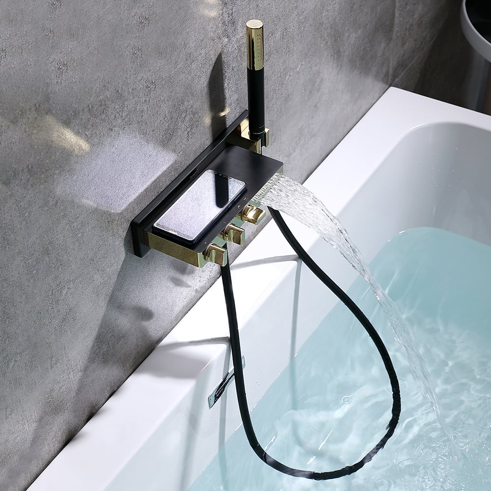 Robinet de bain mural cascade 5 trous avec douchette en laiton massif noir et or image de fenêtre
