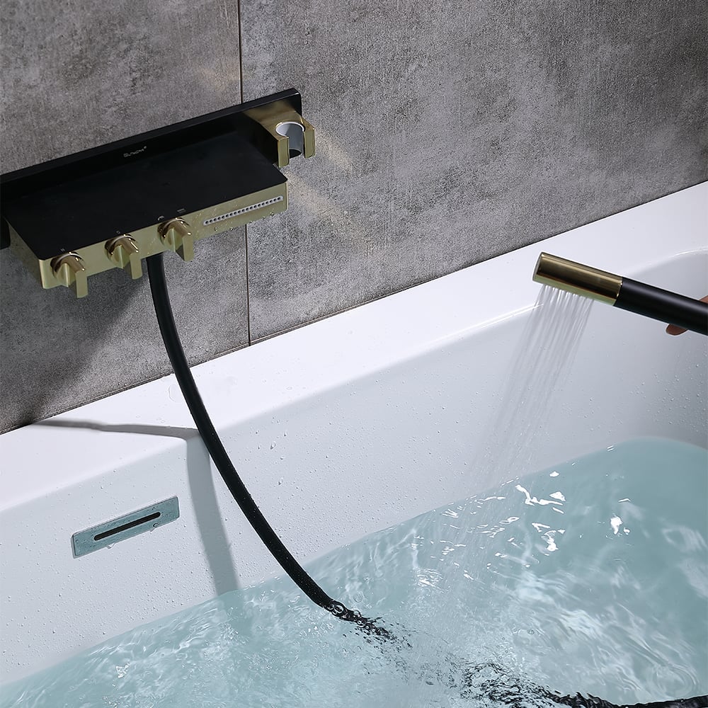 Robinet de bain mural cascade 5 trous avec douchette en laiton massif noir et or image de fenêtre