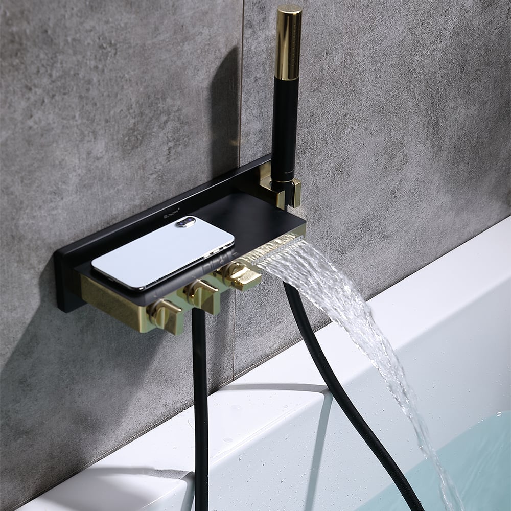Robinet de bain mural cascade 5 trous avec douchette en laiton massif noir et or image de fenêtre