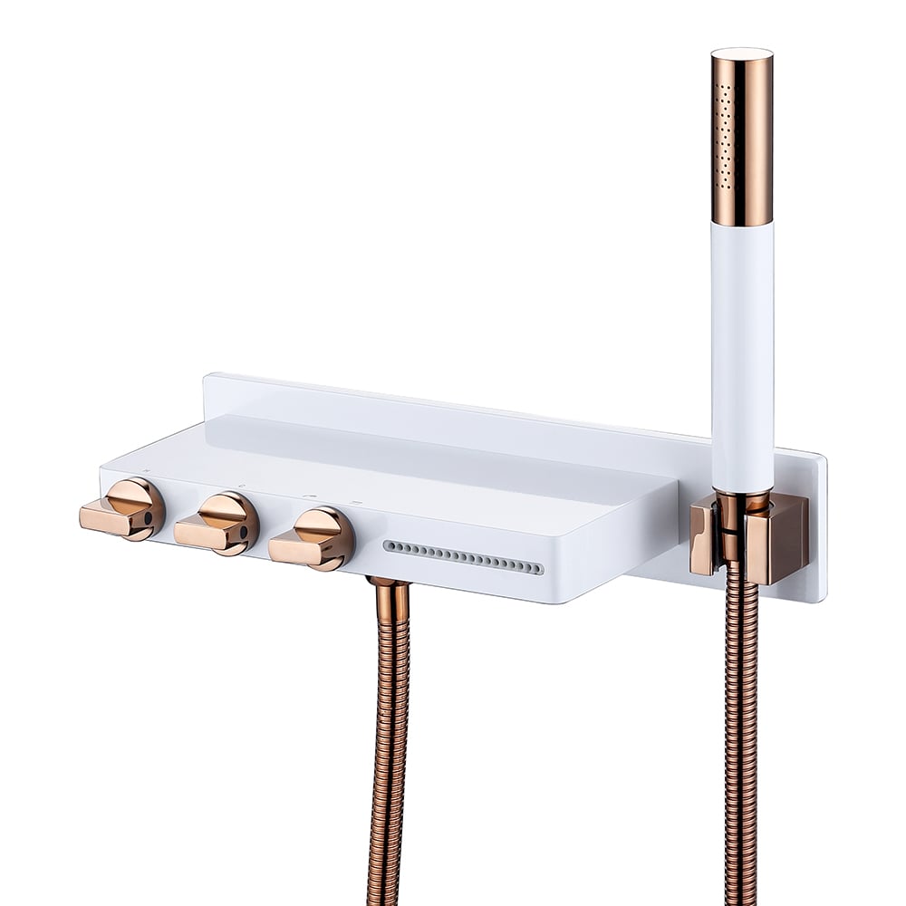 Wall Mounted Waterfall Roman Bathtub Faucet with Handshower Brass White & Rose Gold window image