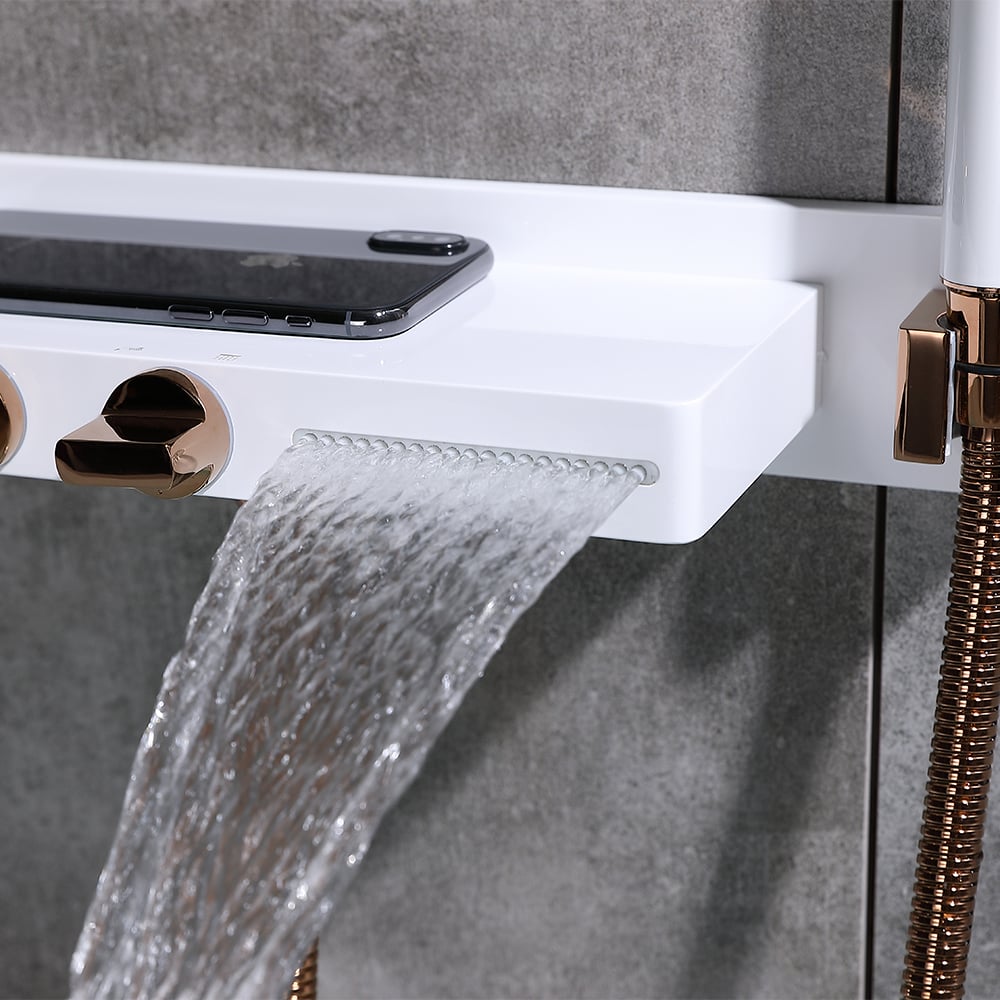 Wall Mounted Waterfall Roman Bathtub Faucet with Handshower Brass White & Rose Gold window image