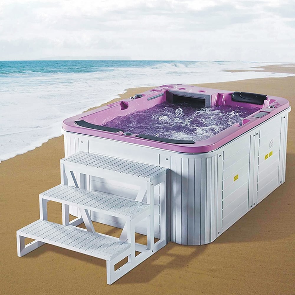 74.8" Pink & White Outdoor Acrylic Hot Tub 28-Jet Suitable for 3 Person with Ozonator window image
