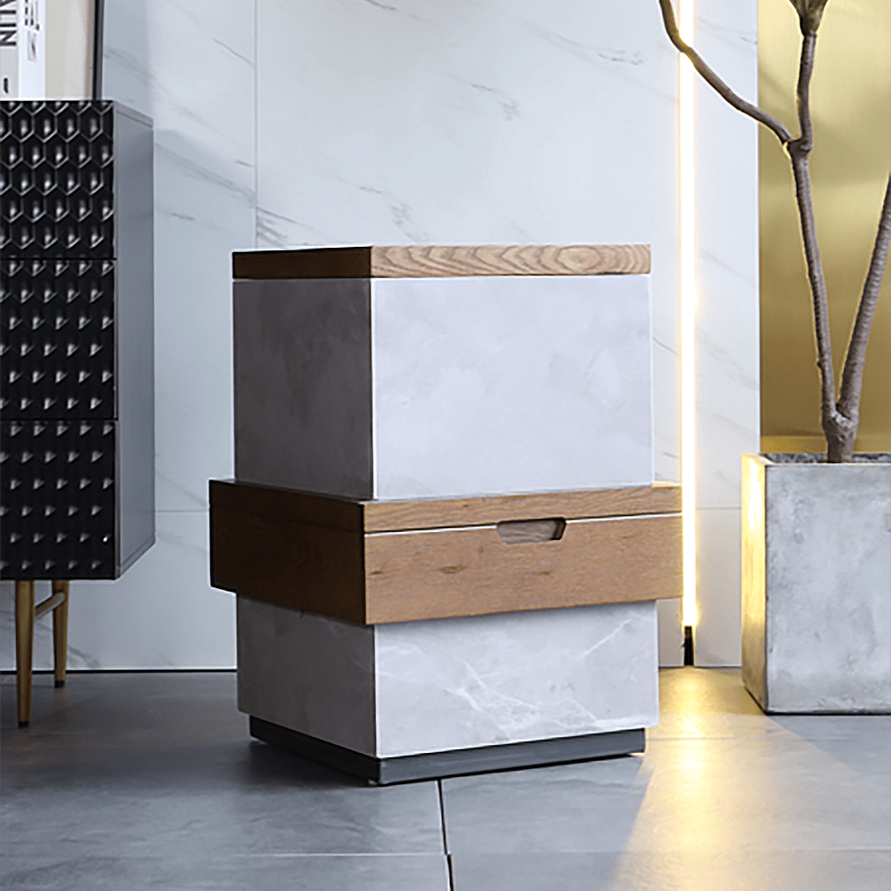 Gray Modern End Table with Storage in Sintered Stone & Wood & Metal Square Side Table window image