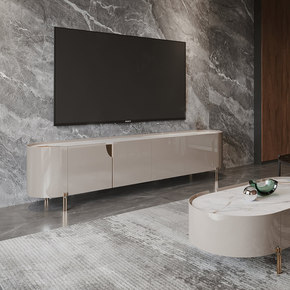 Soporte de TV contemporáneo ovalado gris claro con parte superior de piedra sinterizada con 4 puertas Imagen de ventana