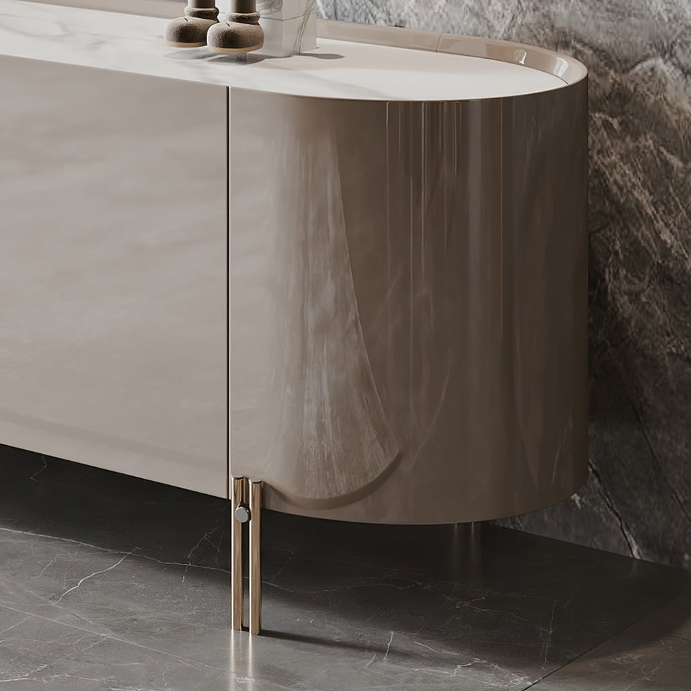 Soporte de TV contemporáneo ovalado gris claro con parte superior de piedra sinterizada con 4 puertas Imagen de ventana