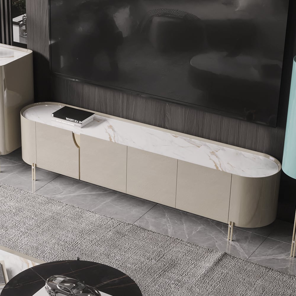 Soporte de TV contemporáneo ovalado gris claro con parte superior de piedra sinterizada con 4 puertas Imagen de ventana
