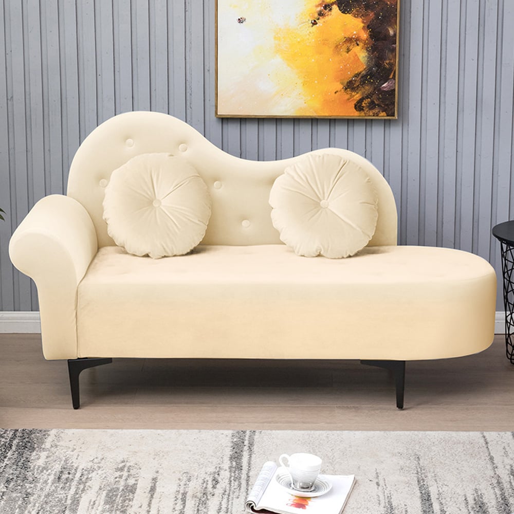 55.1" Beige Velvet Button Tufted Chesterfield Chaise Lounge with Pillows Sofa Couch window image