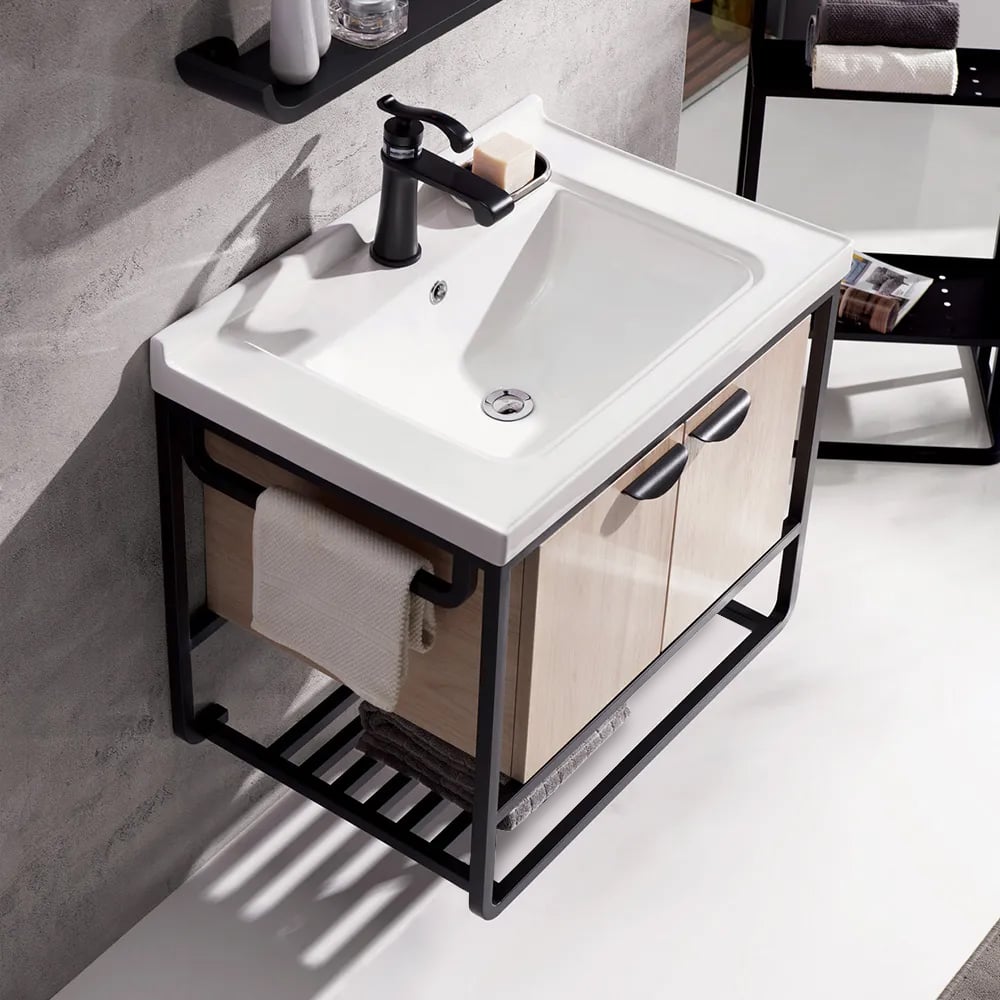 720mm Natural Floating Bathroom Vanity Integral Ceramic Undermount 2 Towel Hanging Rods window image