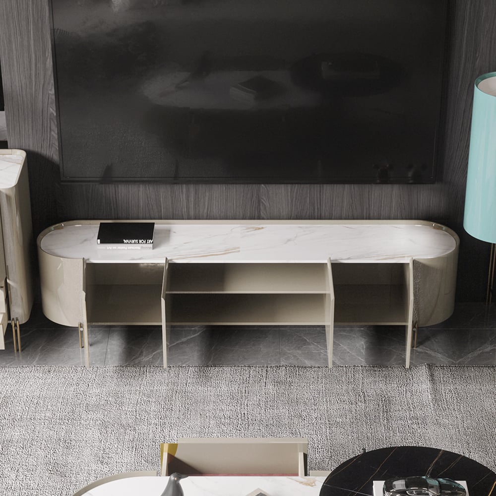 Soporte de TV contemporáneo ovalado gris claro con parte superior de piedra sinterizada con 4 puertas Imagen de ventana