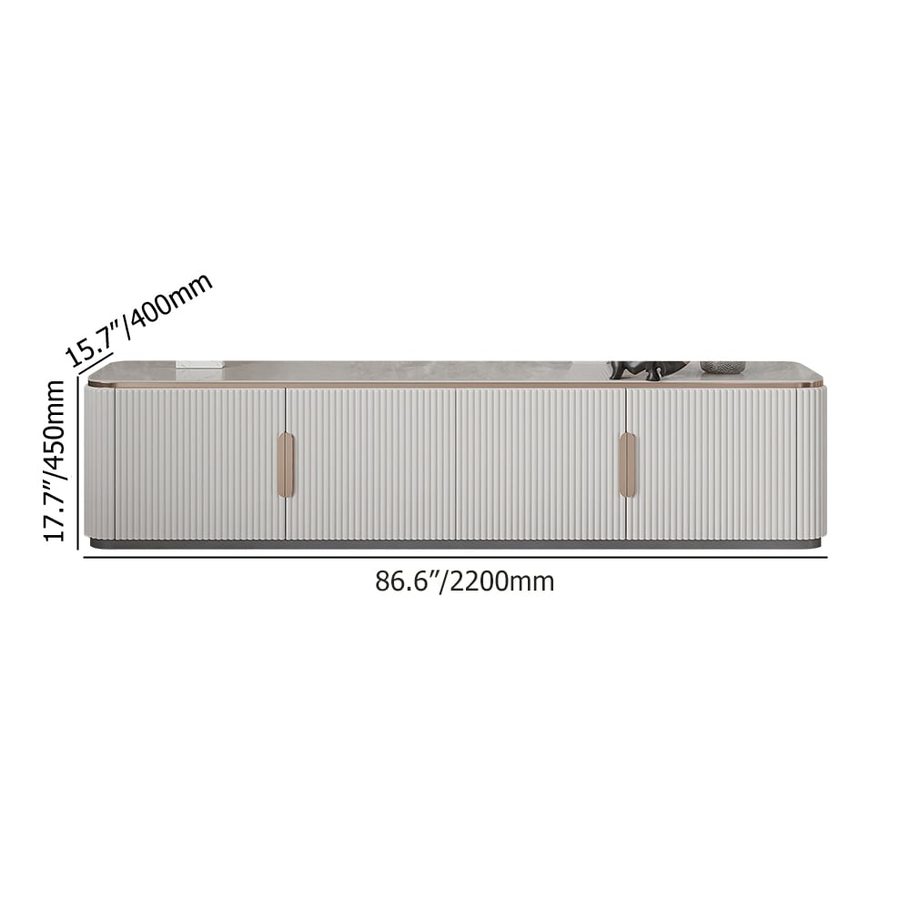 Console multimédia moderne avec dessus en pierre frittée blanche de 86,6 po avec 4 portes image de fenêtre