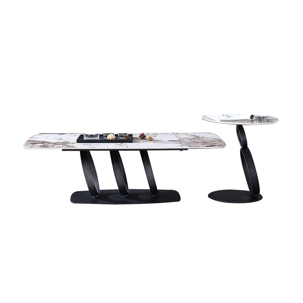 Table basse rectangulaire moderne Pandora et noire avec table d'appoint image de fenêtre