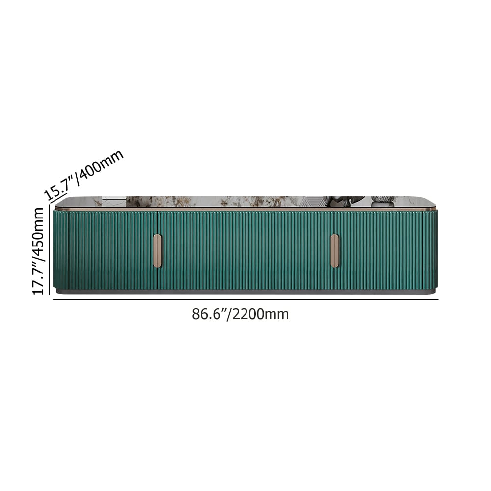 Console multimédia moderne avec dessus en pierre frittée verte de 86,6 po avec 4 portes image de fenêtre